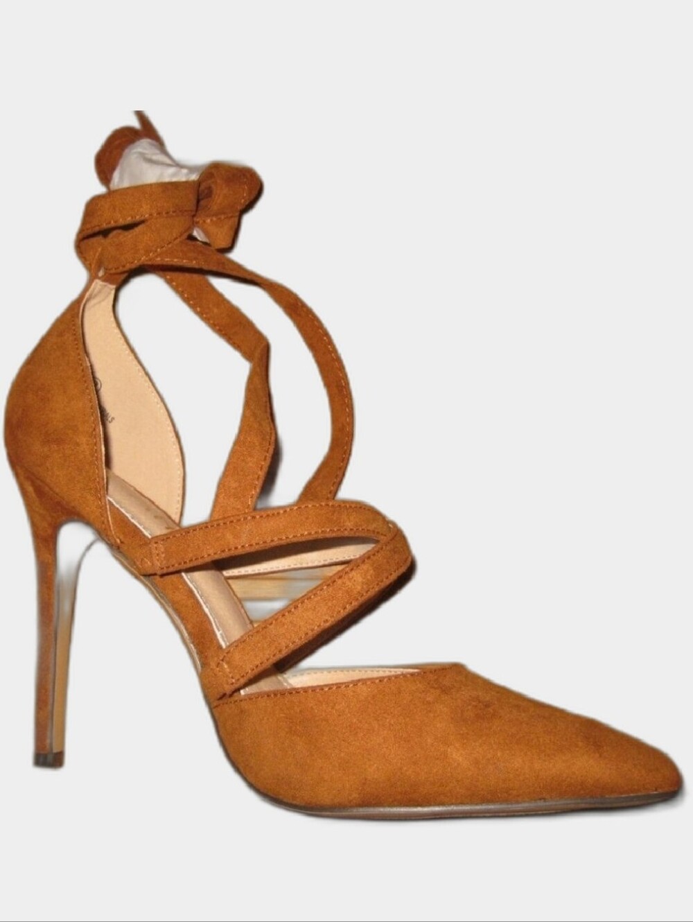 Cognac Brown Faux Suede Pointed Toe Lace Up Strappy Stiletto Pumps Size 8